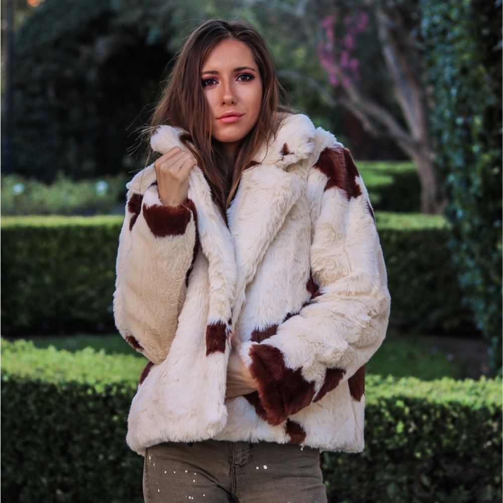 Cow print faux fur coat
